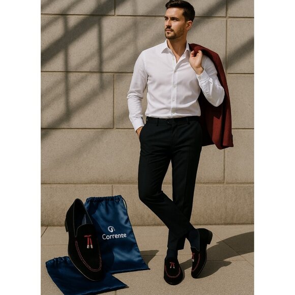 Corrente Pelle line Suede Tassel Loafer   Black + Red Size EU 45 - Picture 3 of 13